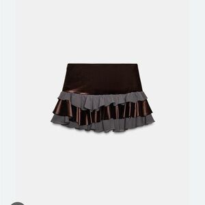 Zara - Combination Ruffled Satin Mini Skirt in Dark Brown and Velvet -XS